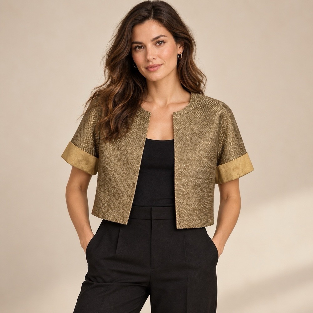Escada Metallic Gold Cropped  Jacket Silk Trim Short Sleeve Sz 44 Open Front